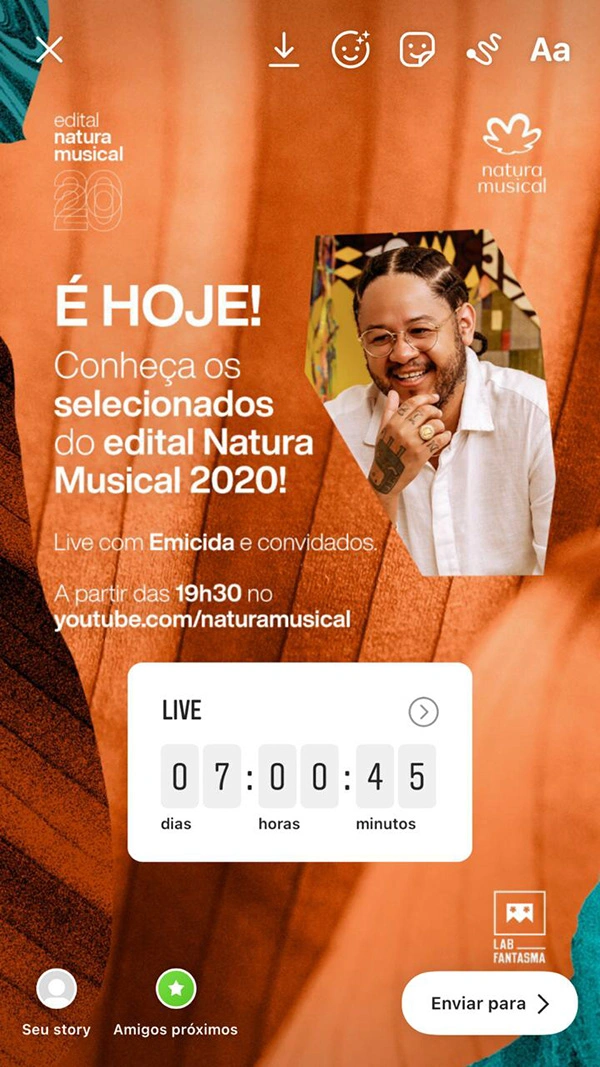 Orange Natura Musical Story announcing the live with Emicida; original Instagram editor interface preserved