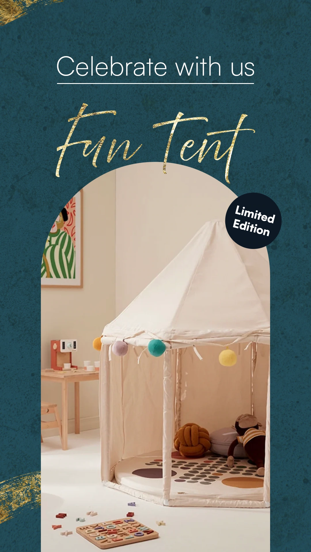 Objet Fun Tent lifestyle visual with teal framing and gold typography
