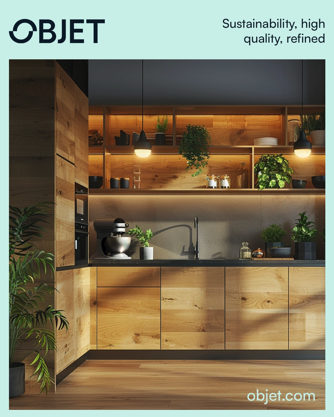 Objet campaign — kitchen, AI-generated lifestyle image with original mint framing and brand typography