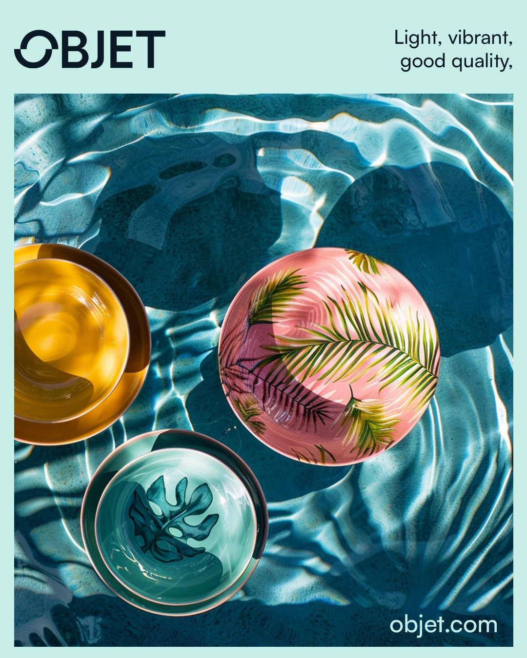 Objet campaign — poolside objects, AI-generated lifestyle image with original mint framing and brand typography