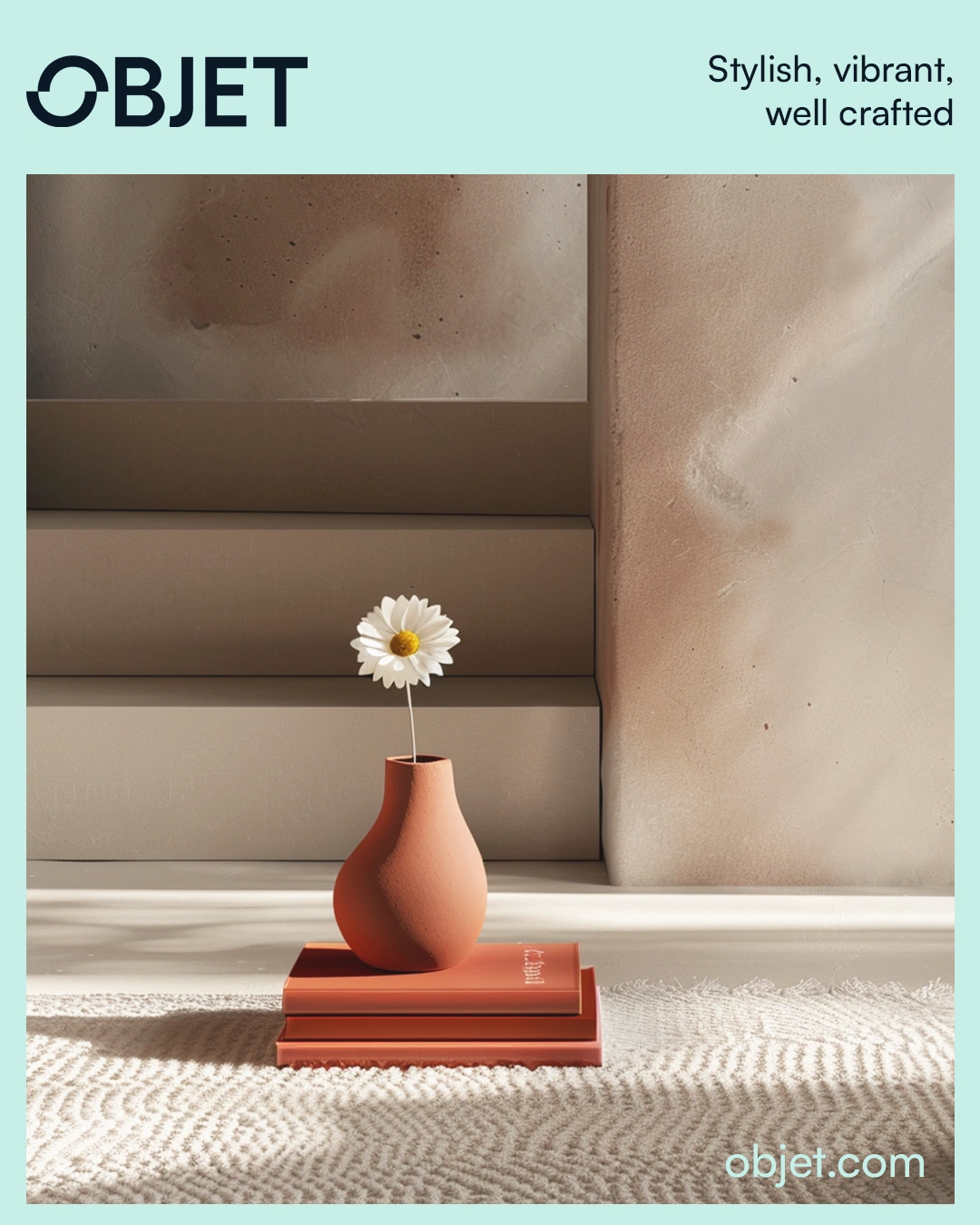Objet campaign — minimalist vase, AI-generated lifestyle image with original mint framing and brand typography