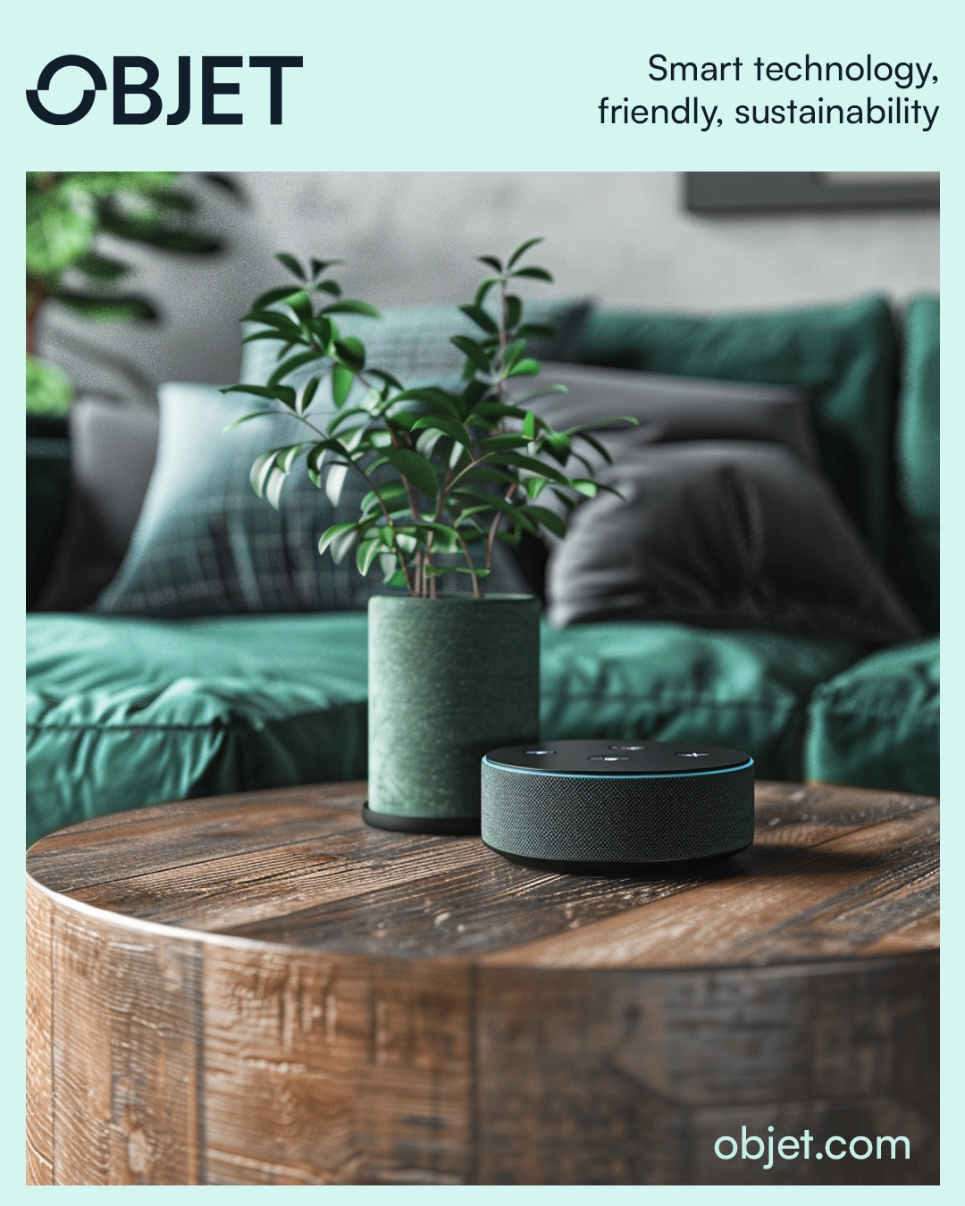 Objet campaign: smart speaker in a residential interior, AI imagery with original brand typography