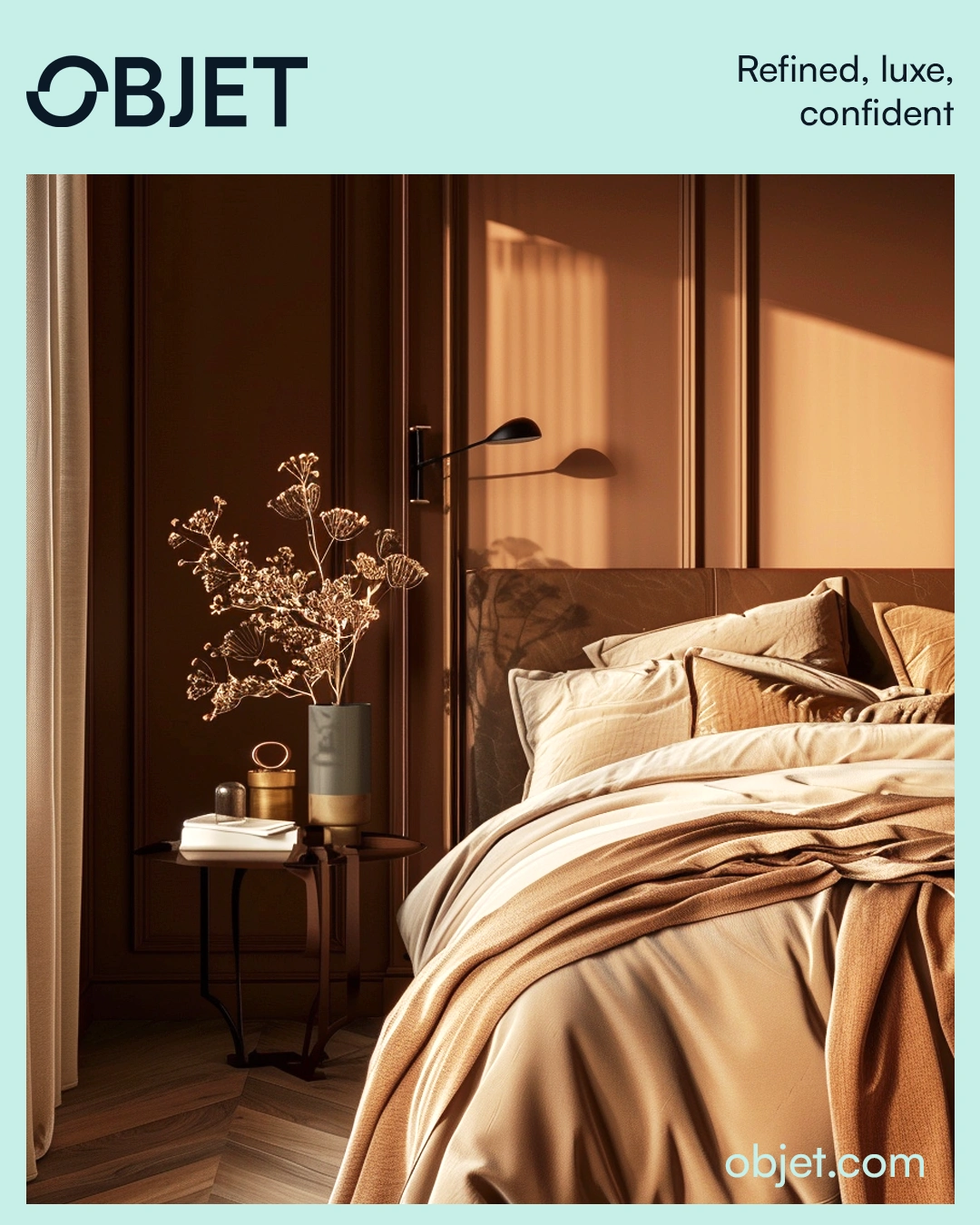 Objet campaign — bedroom, AI-generated lifestyle image with original mint framing and brand typography