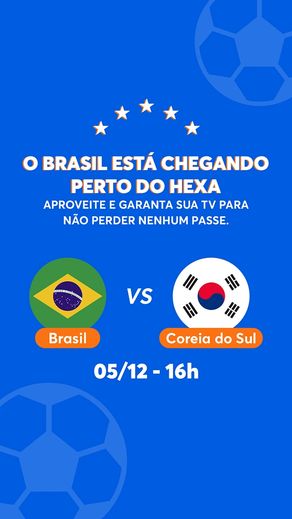 Vertical blue World Cup campaign for Brazil versus South Korea, with flags and match details