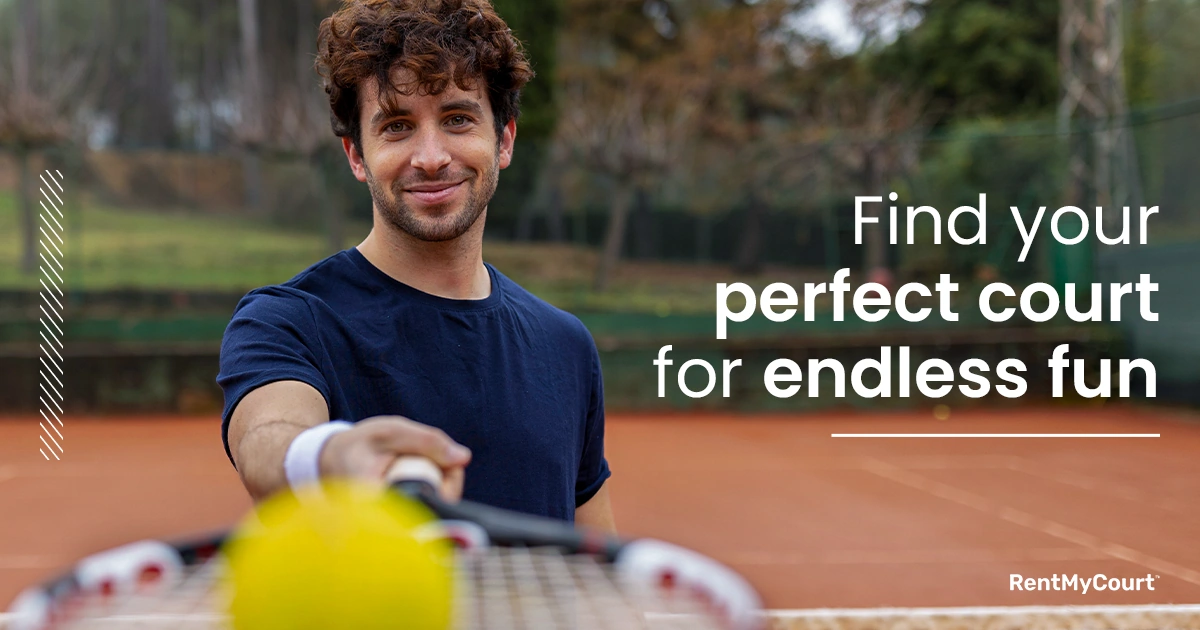 Rent My Court horizontal banner with a tennis player and campaign headline