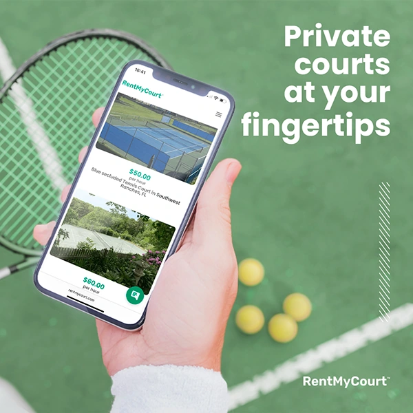 Rent My Court app shown on a smartphone alongside a tennis racket
