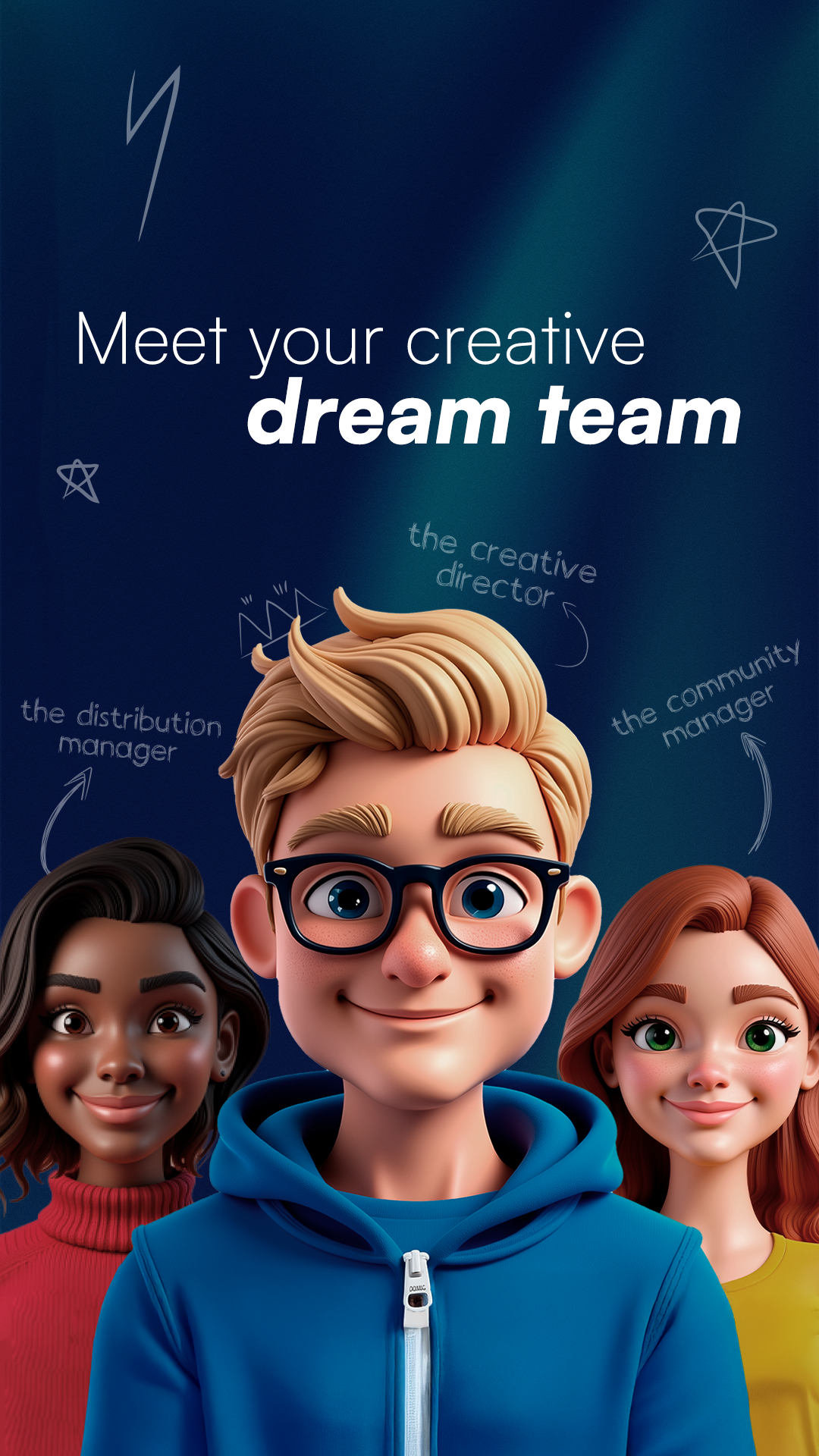 MADE creative dream team campaign with three expressive characters