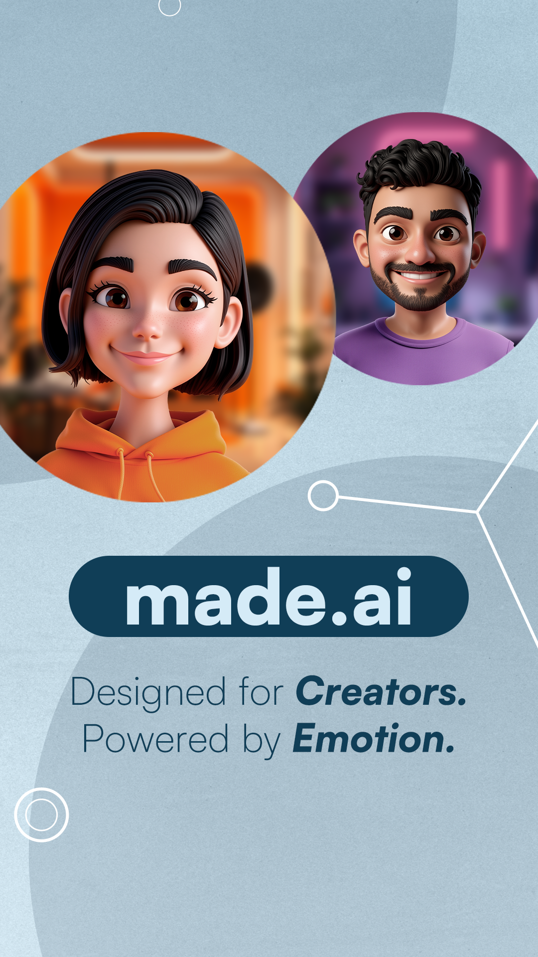 MADE campaign with two characters and the message Designed for Creators. Powered by Emotion.