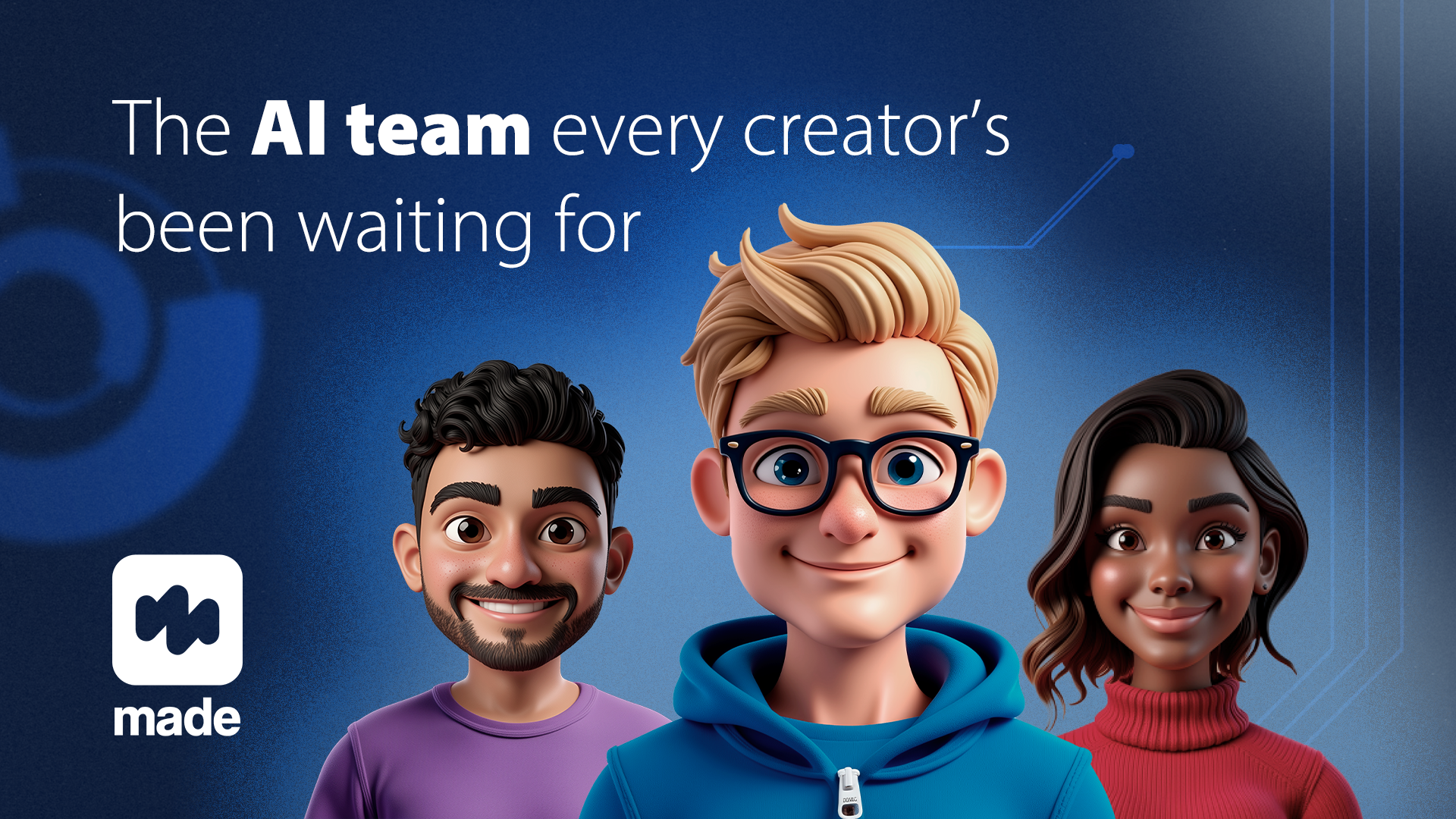 MADE AI team campaign with three characters and the MADE logo